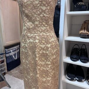 Ann Taylor Lace Midi Dress in Beige